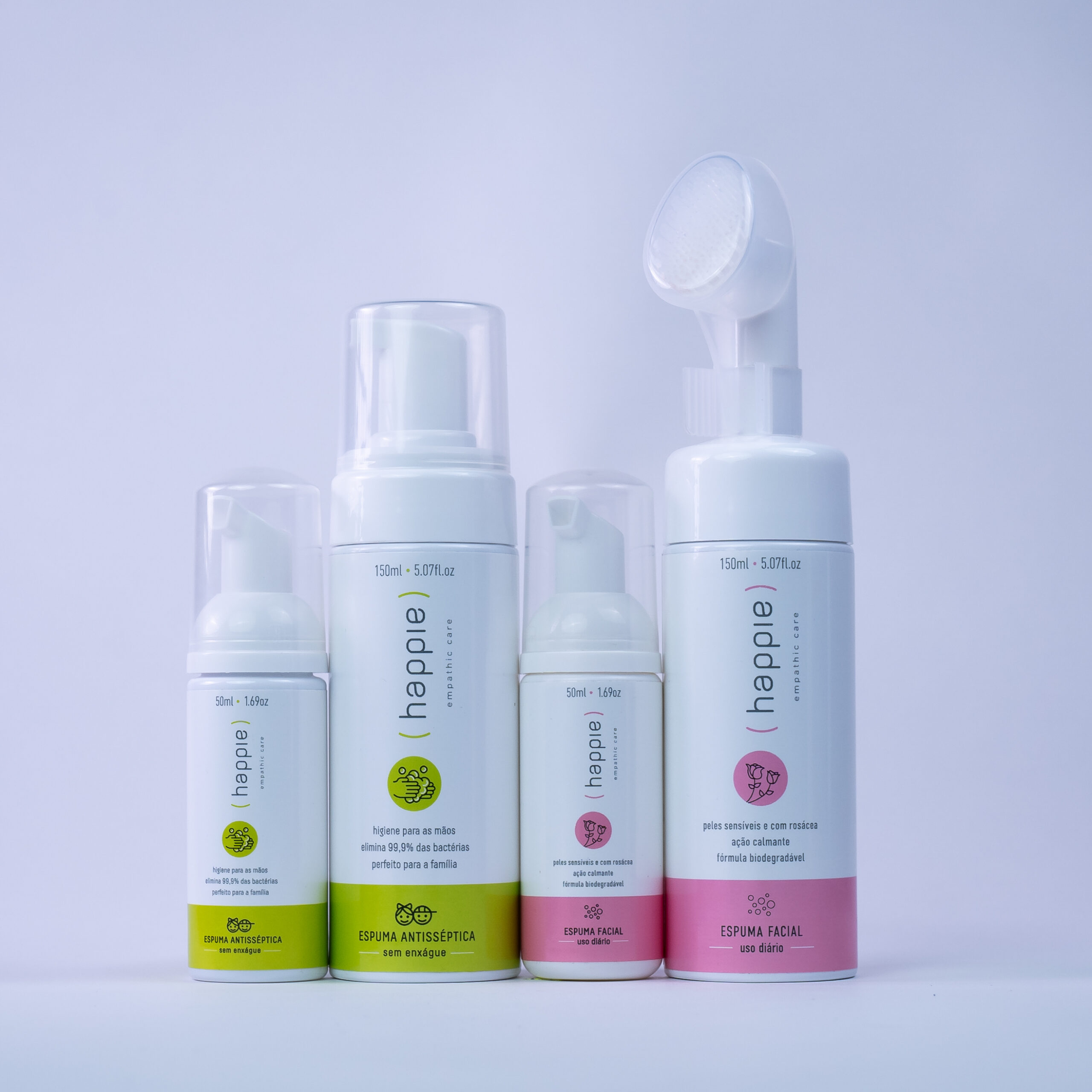 kit espumas antissépticas 150 e 50 ml + espumas faciais pele sensível 150 e 50 ml